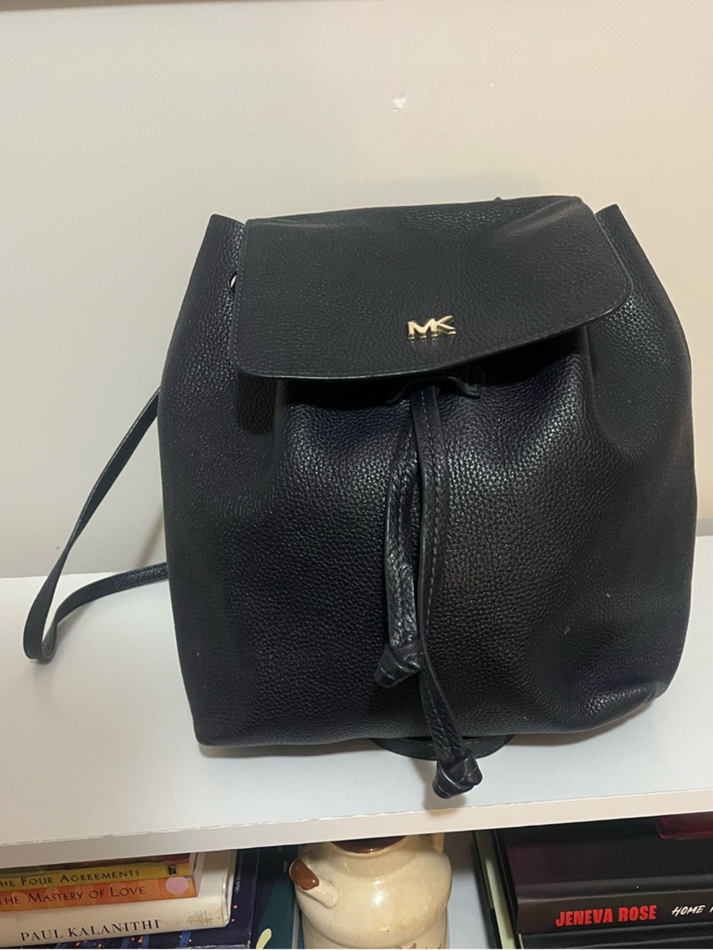 Michael Kors Dark Blue Pebbled Leather Drawstring Backpack with Gold MK Logo
